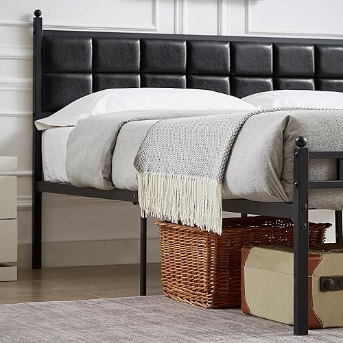Miniatura 4 de VECELO Base de cama tamaño Queen, cama tapizada con cabecera de piel sintética, soporte de listones de metal fuerte, sin ruido, no necesita somier,