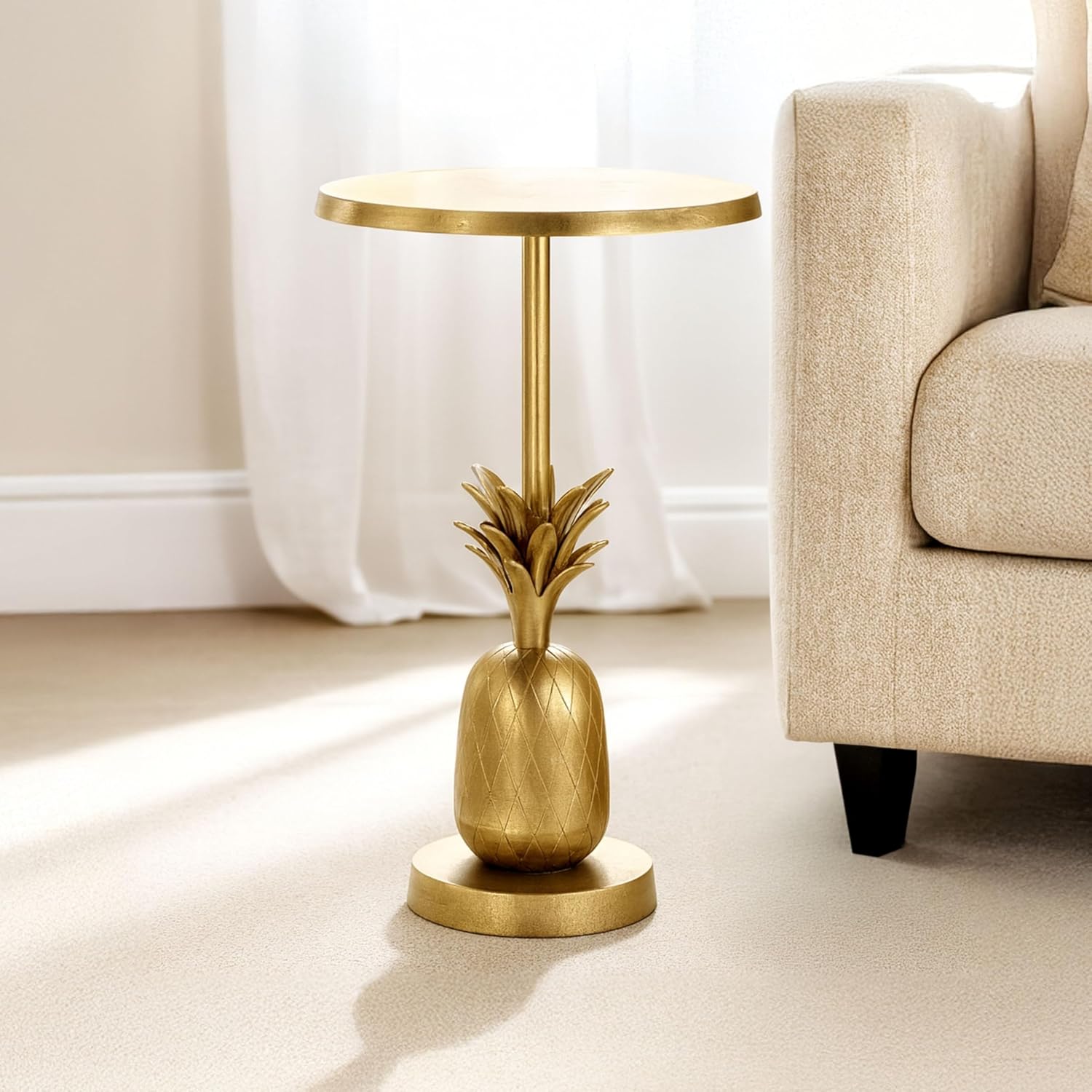 Pineapple Accent Table with Modern Tropical Design – Gold Metallic Finish Aluminum Round Side Table for Living Room, Bedroom, Office, & Home Decor – 15 x 24 Inches