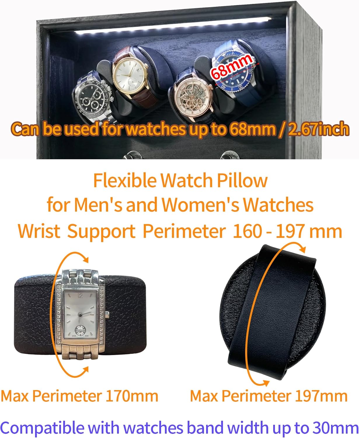 Oryx 4 Watch Winder for Automatic Watches, Rotating Watch Box 5 Rotation Modes Display Case with Extra Perfume Storage, Lockable Winders White Light USB/AC Powered Mabuchi Motor