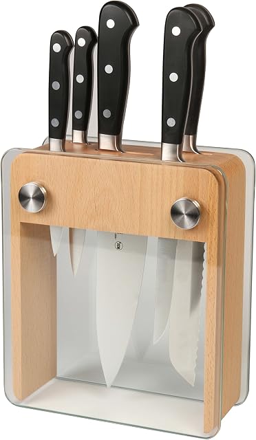 Mercer Culinary Renaissance 6-Piece Stainless Steel Forged Knife Block Set in Wood Block with Tempered Glass, Multi-Colour