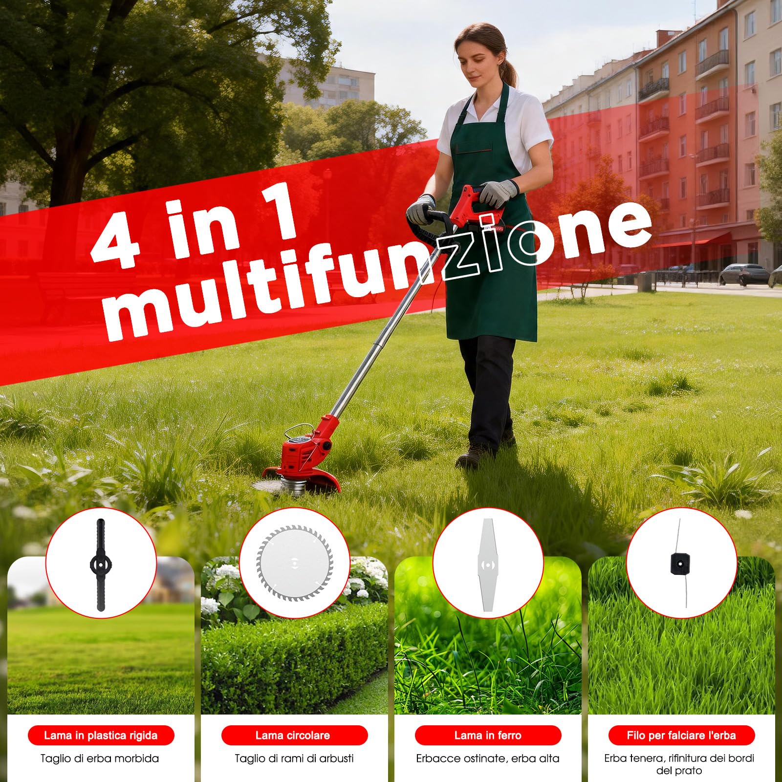 OUTIGO Tosaerba a batteria, Dotato di due batterie da 21 V, 4 lame, tosaerba triplo pieghevole, tosaerba da giardino a batteria per prati, arbusti e cespugli.