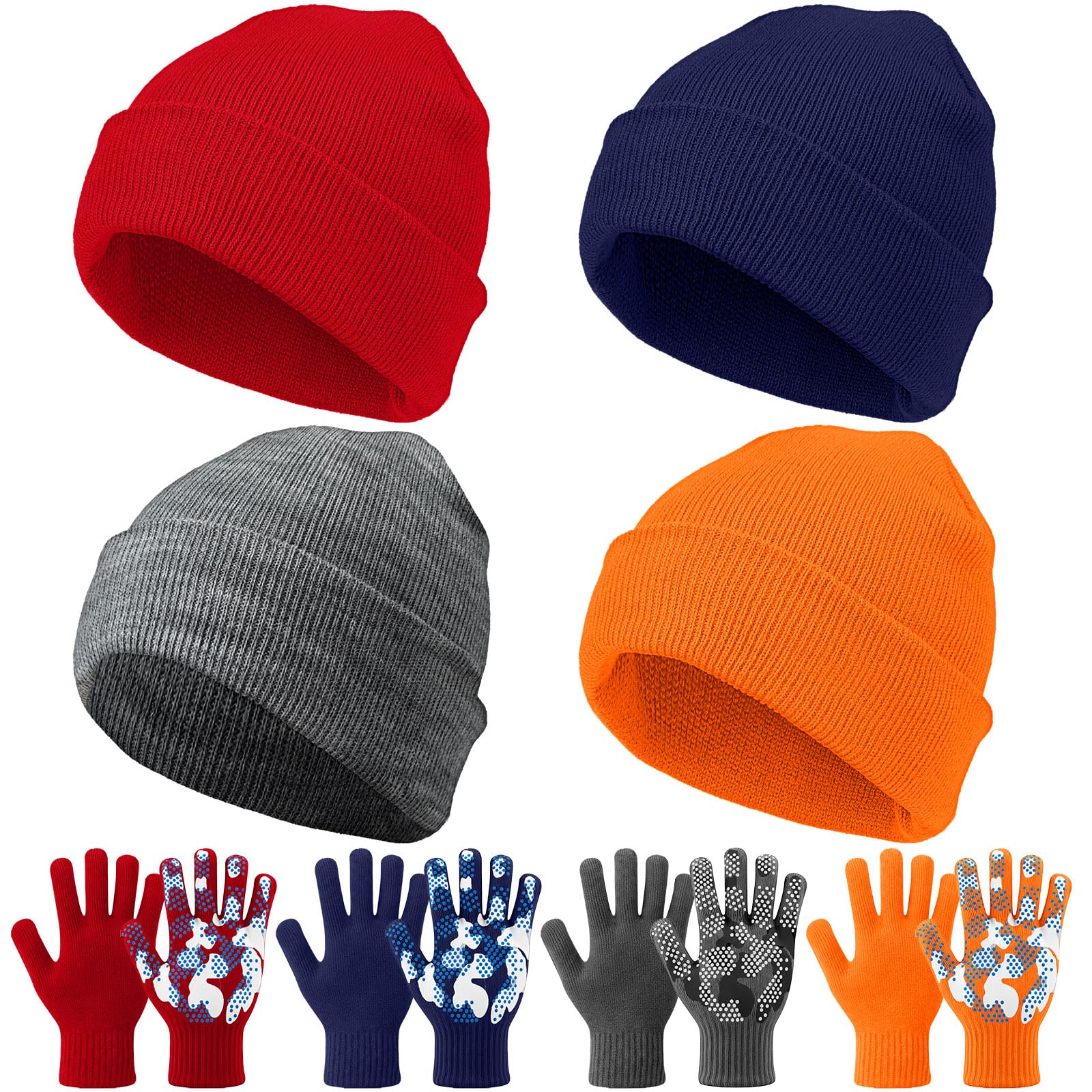 Evervibe 8 Pack Kids Beanie Hats and Gloves Set Knitted Beanies Hat Warm Stretch Gripper Gloves Winter Hats for Boys Girls