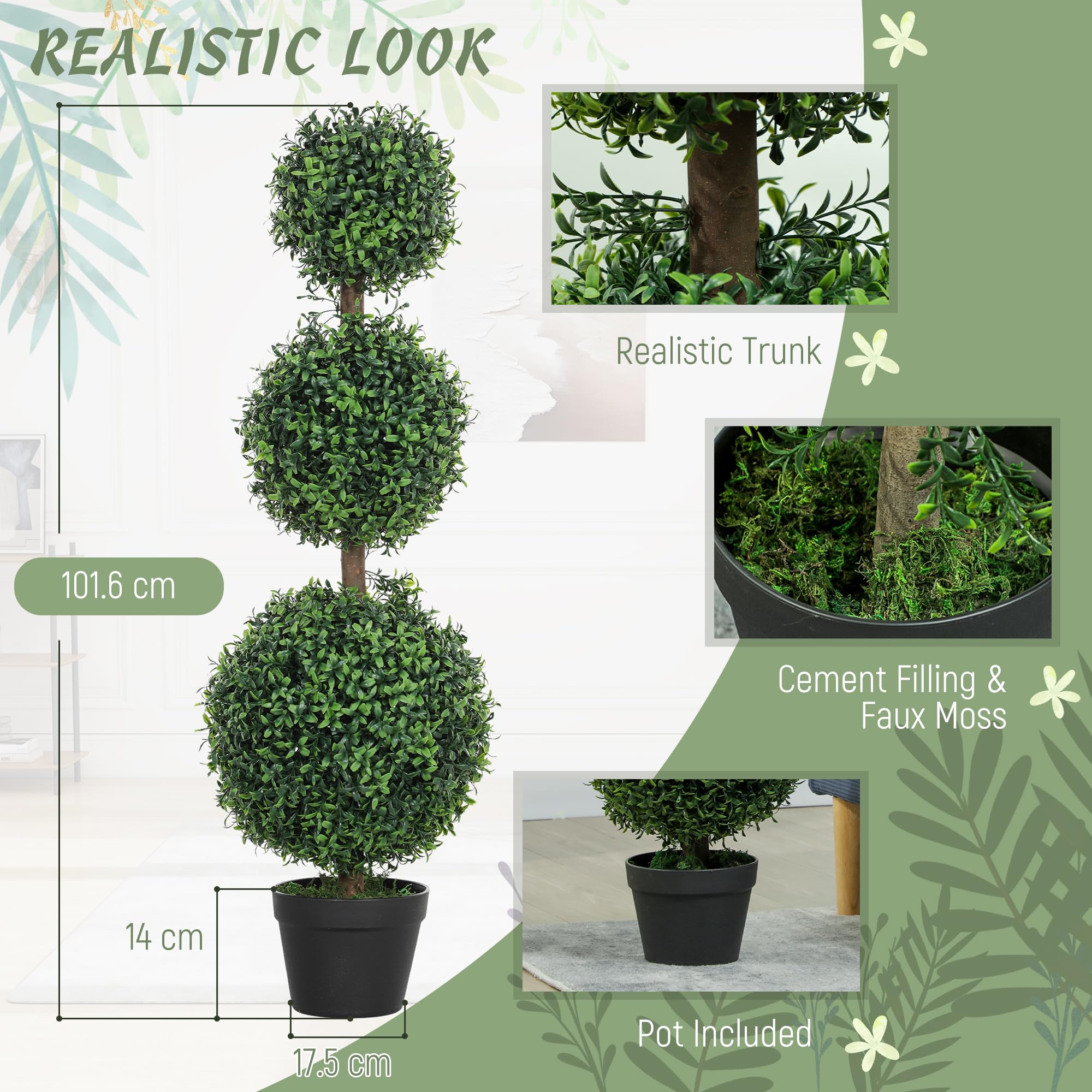 HOMCOM Lot de 2 Arbres artificiels décoratifs en Forme de Boule topiaire en Pot - Plantes artificielles pour la décoration intérieure et extérieure - 100 cm - 3 Boules d'arbre