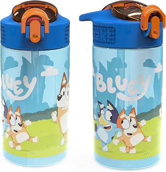 Zak Designs Bluey Kids Water Bottle Durable Plastic Spout Cover and Built-in Carrying Loop, Leak-Proof Water Design for Travel, 16oz, 2pc Set, 2pk