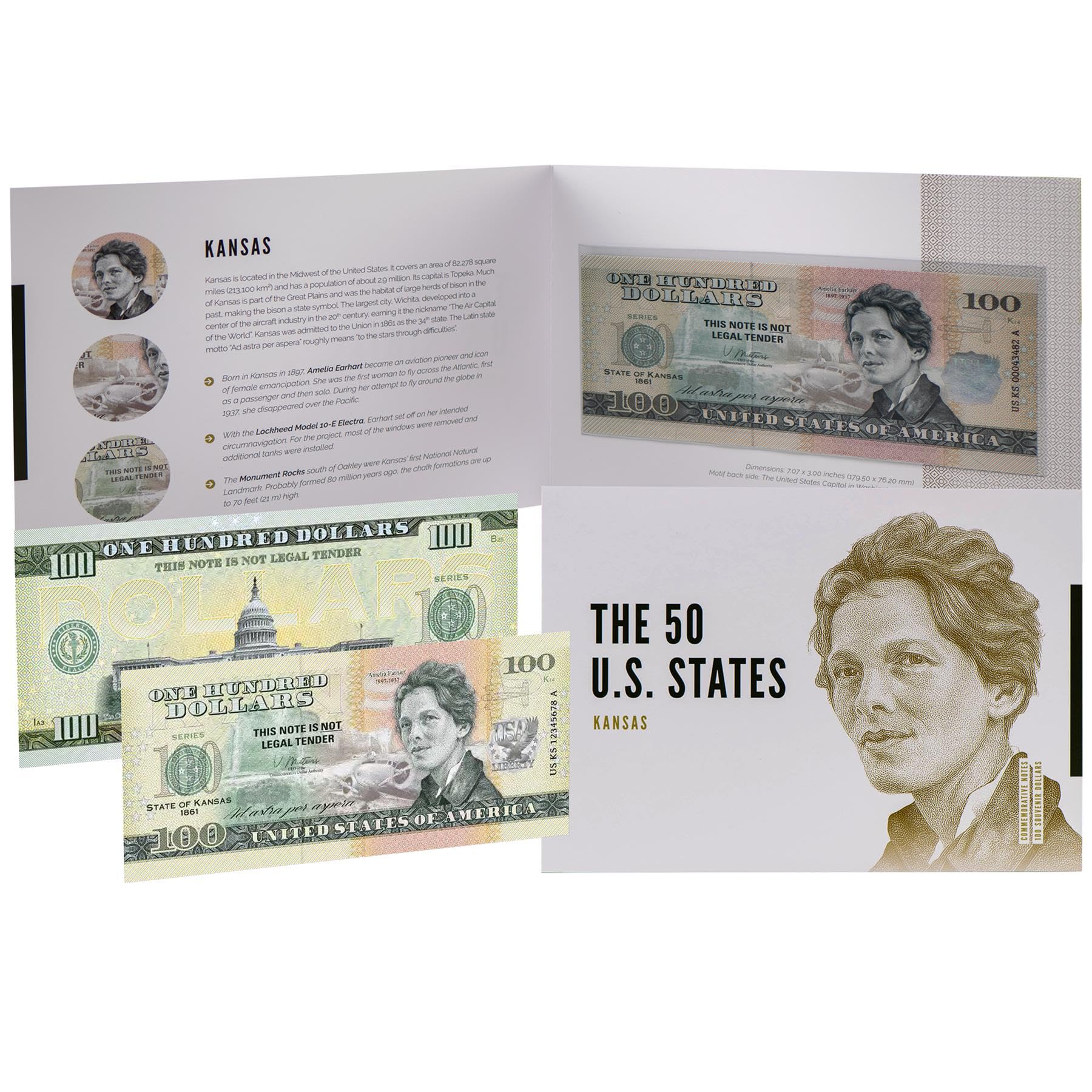 HOBBY OF KINGS USA 100 Dollar Note | Kansas Commemorative Souvenir | Amelia Earhart | Monument Rocks | Bison | Collector's Album | The 50 U.S. States