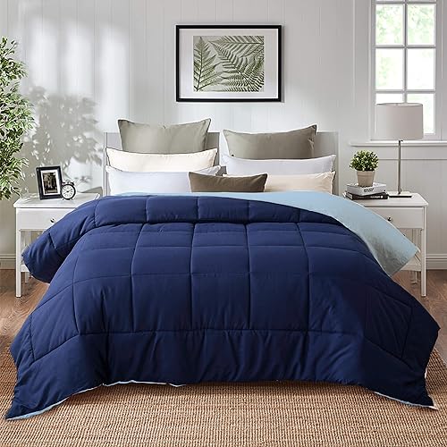 Miniatura 3 de EVOLIVE Edredón reversible alternativo de plumón de microfibra suave prelavada para todas las estaciones con costuras de caja (azul marinoazul