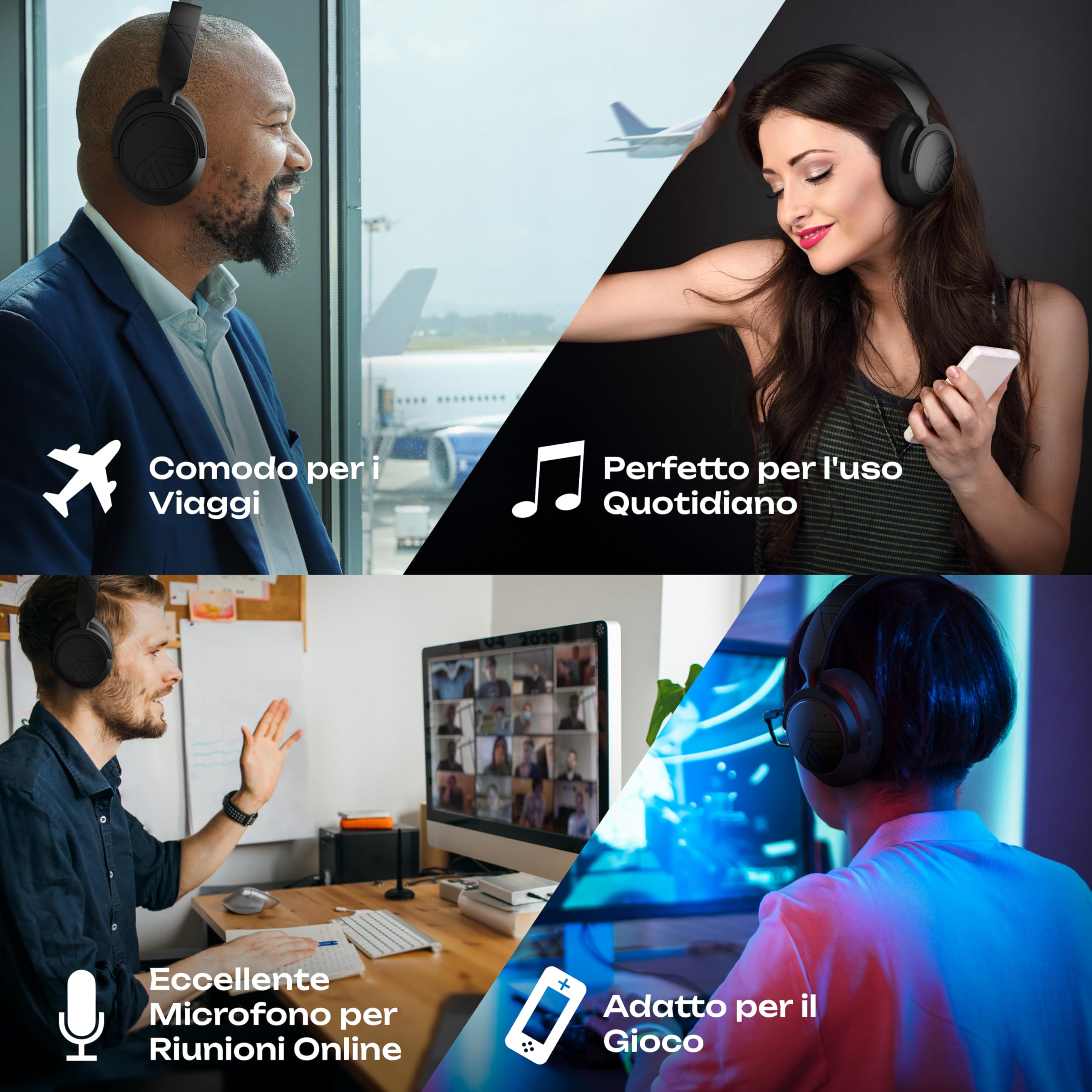 PowerLocus Cuffie Wireless Cancellazione Rumore Attiva Ibrida, Cuffie Bluetooth Over Ear, 70 Ore di Riproduzione, Bass Modi, Hi-Fi Stereo, Pieghevoli e Modalità Trasparenza, con Custodia (Nero)