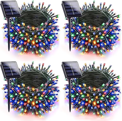 Paquete de 4 luces solares de Navidad de 160 pies, 400 luces LED solares para exteriores con 8 modos de iluminación, luces solares impermeables para