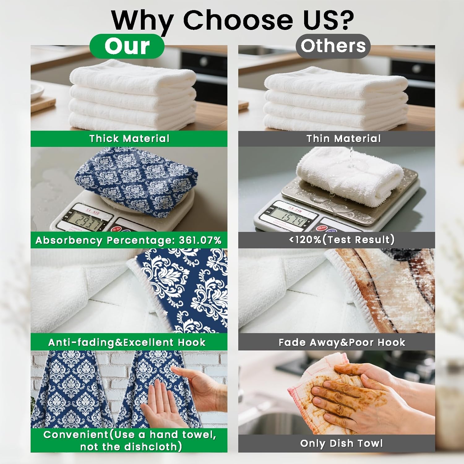 CUTHOLLOW Blue Retro Damask Hanging Kitchen Towels with Loop, Set of 2 - Soft & Super Absorbent Microfiber Decorative Hanging Dish & Hand Towel, Tea, Coffee Towel for Kitchen Bathroom Oven Handle - Image 3