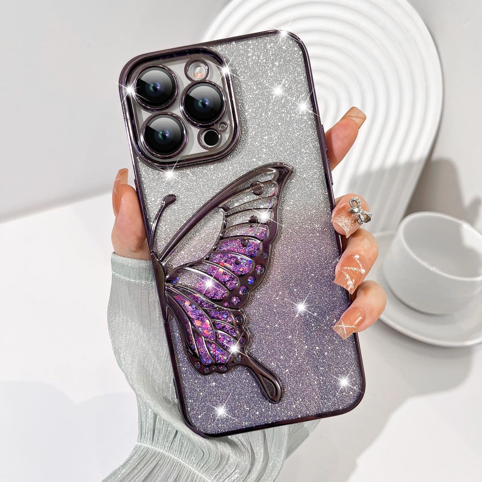 LSL Case for iPhone 15 Pro Max [Built-in Camera Lens Protector] Luxury Bling Flowing Glitter Butterfly Cover for Women Girls Soft TPU Plating Bumper Shockproof Anti-Drop Case - Purple