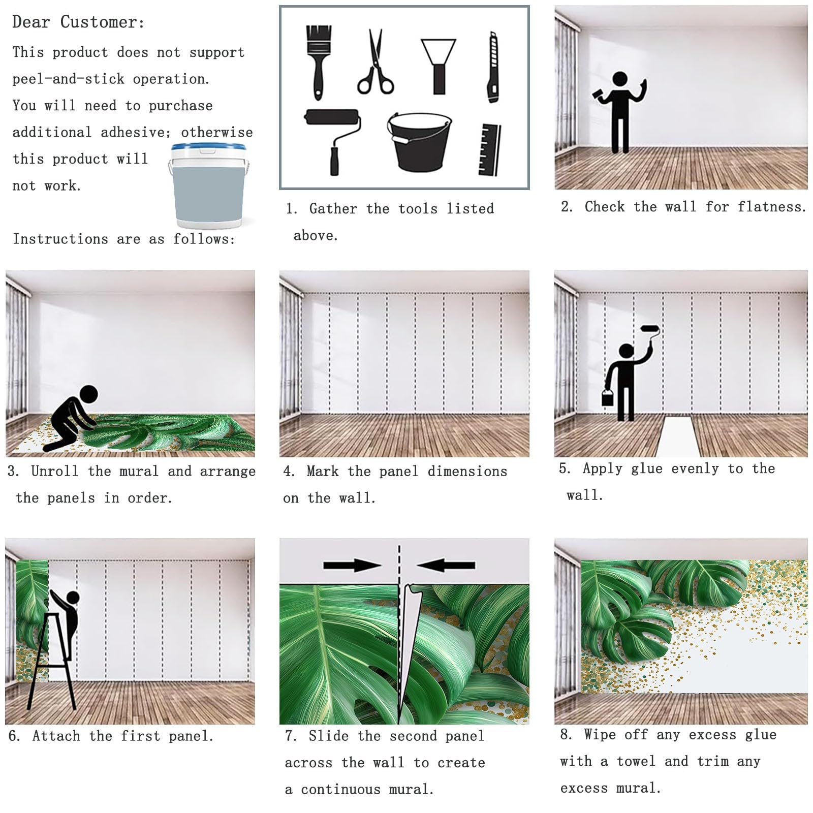 Tapeta z włókniny 400 x 280 cm, Monstera Plakat na ścianę do kuchni, sypialni, salonu, pokoju dziecięcego, dekoracja ścienna złota zieleni