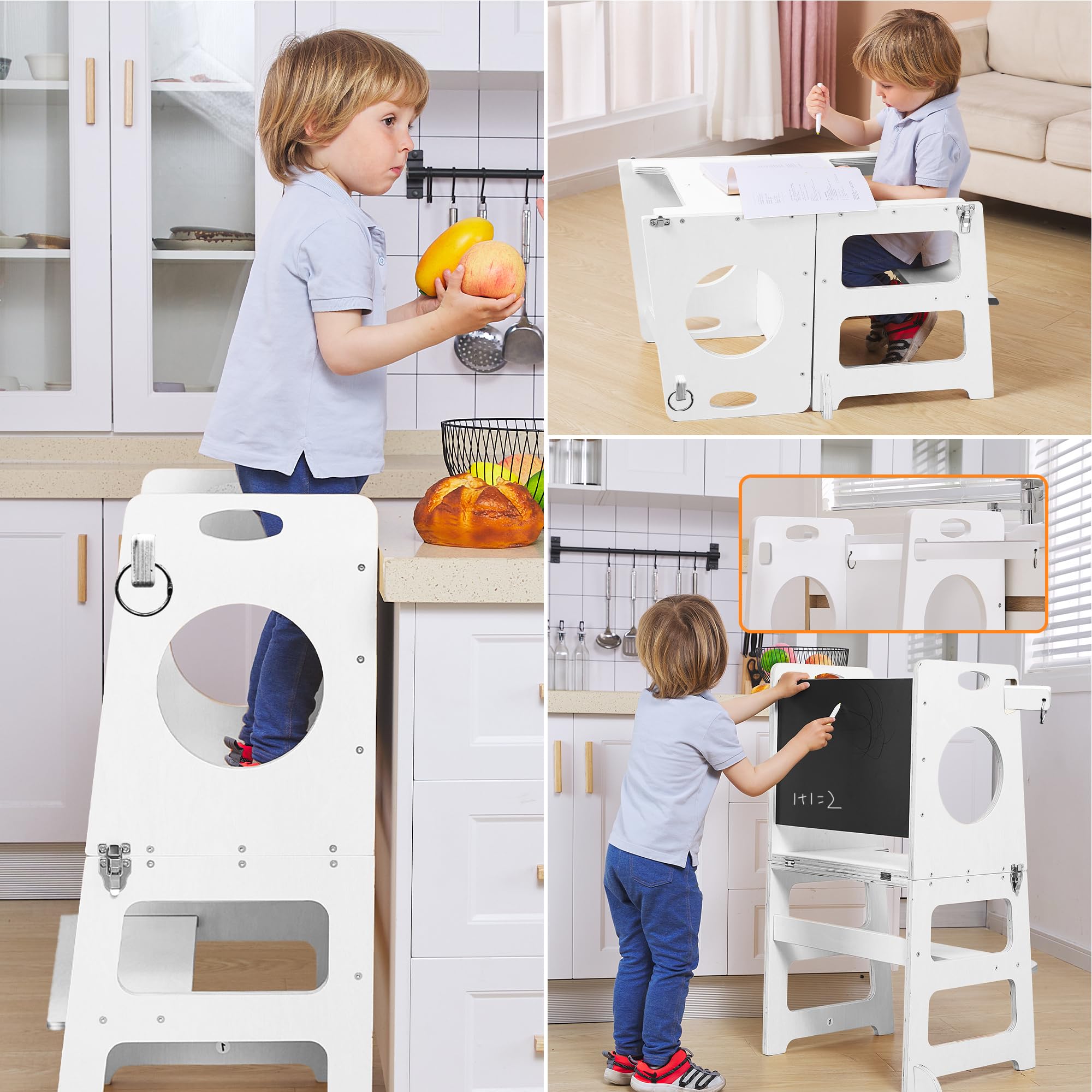 White 4-in-1 Foldable Kitchen Stool Helper with Safety Crossbar, Toddlers Standing Tower with Chalkboard for Learning, Montessori Folding Desk Table and Chair Set for Kids 1-6 Years