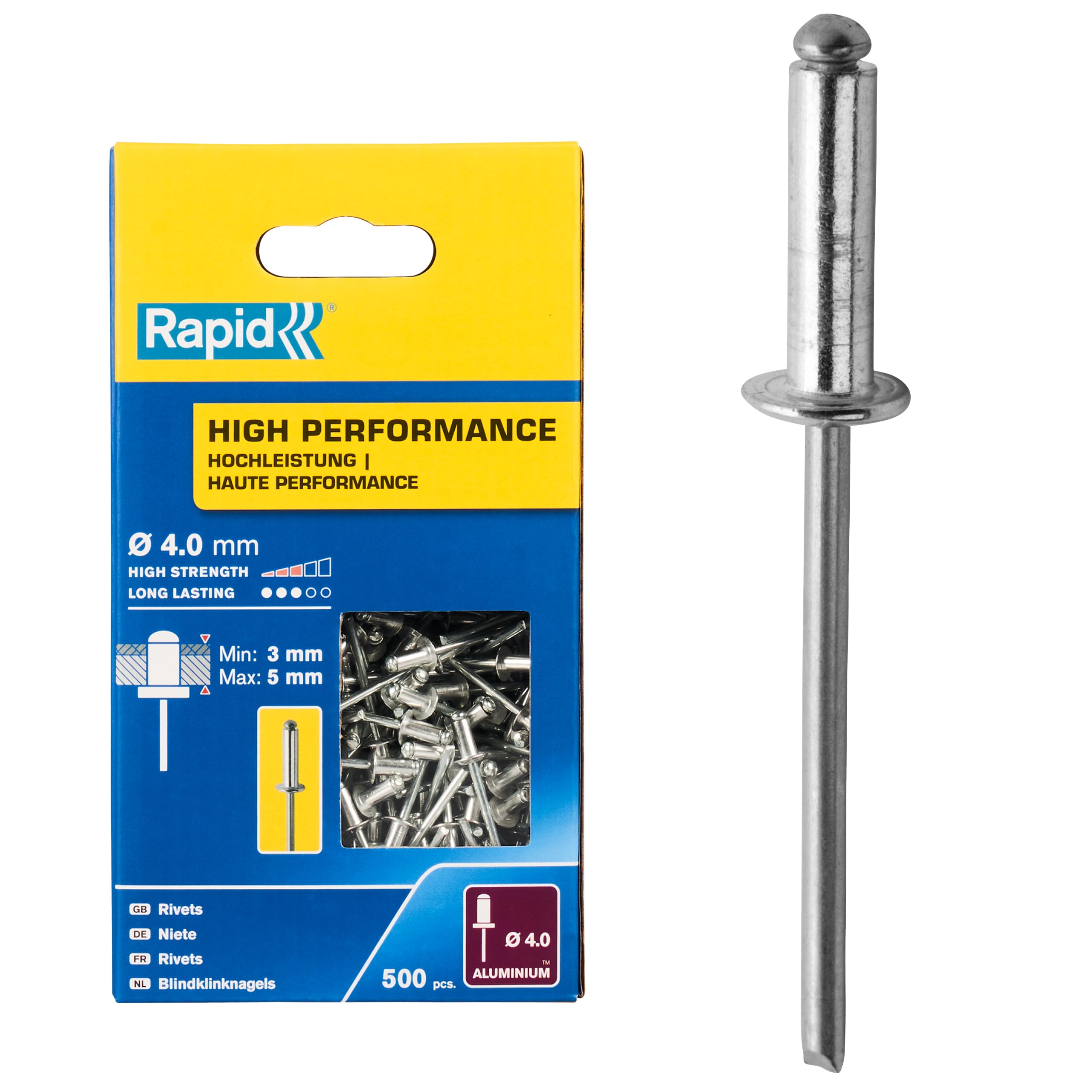 Rivets aveugles pour garde-boue Rapid en aluminium 4.0x8mm pour tôle et panneaux plastiques 500pcs