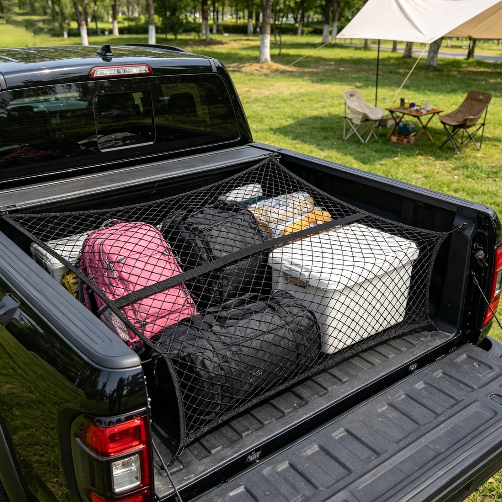 efuturetime Gepäcknetz Hochelastisches Frachtnetz Einlagig, 120 x 120 cm dehnbar bis 210 x 210 cm, Ladungssicherungsnetz mit 8 Metallhaken für LKW, Auto, Wohnmobil