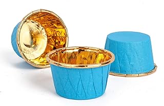 GOLDEN APPLE, Aluminum Foil Paper Mini Cake Baking Cups 50 Pack, Muffin Cupcake Baking Mold Cup Liners Baking Cups for Party Wedding Festival, Small Blue in Gold