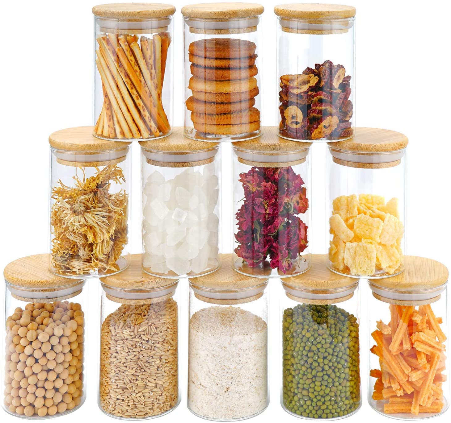 Ftkletp,Glass Jars Set 250ml, 12 Set Spice Jars with Bamboo Lids Airtight and Labels, Small Food Cereal Storage Canister for Home Kitchen Tea Herbs Coffee Flour Herbs Grains