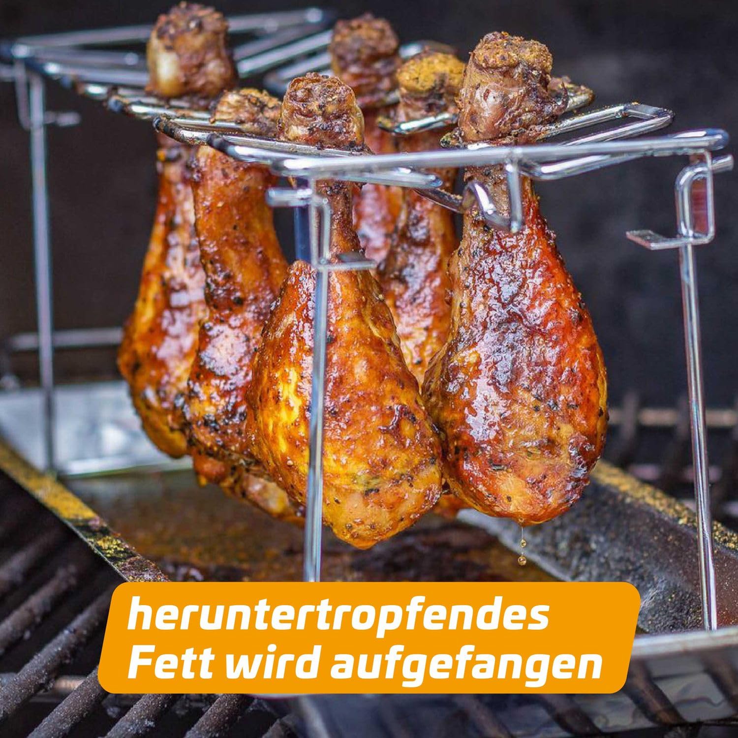 Grillfürst Hähnchenschenkel Halter für 12 Drum Sticks oder Chicken Wings mit Auffangschale aus Edelstahl