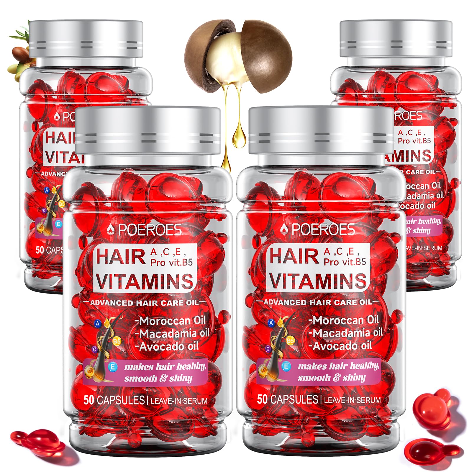 Hair Vitamins A C, E & B5-200 Capsules Hair Serum with Argan, Avocado & Macadamia Oils - Hair Treatment for Healthy & Nourished Hair