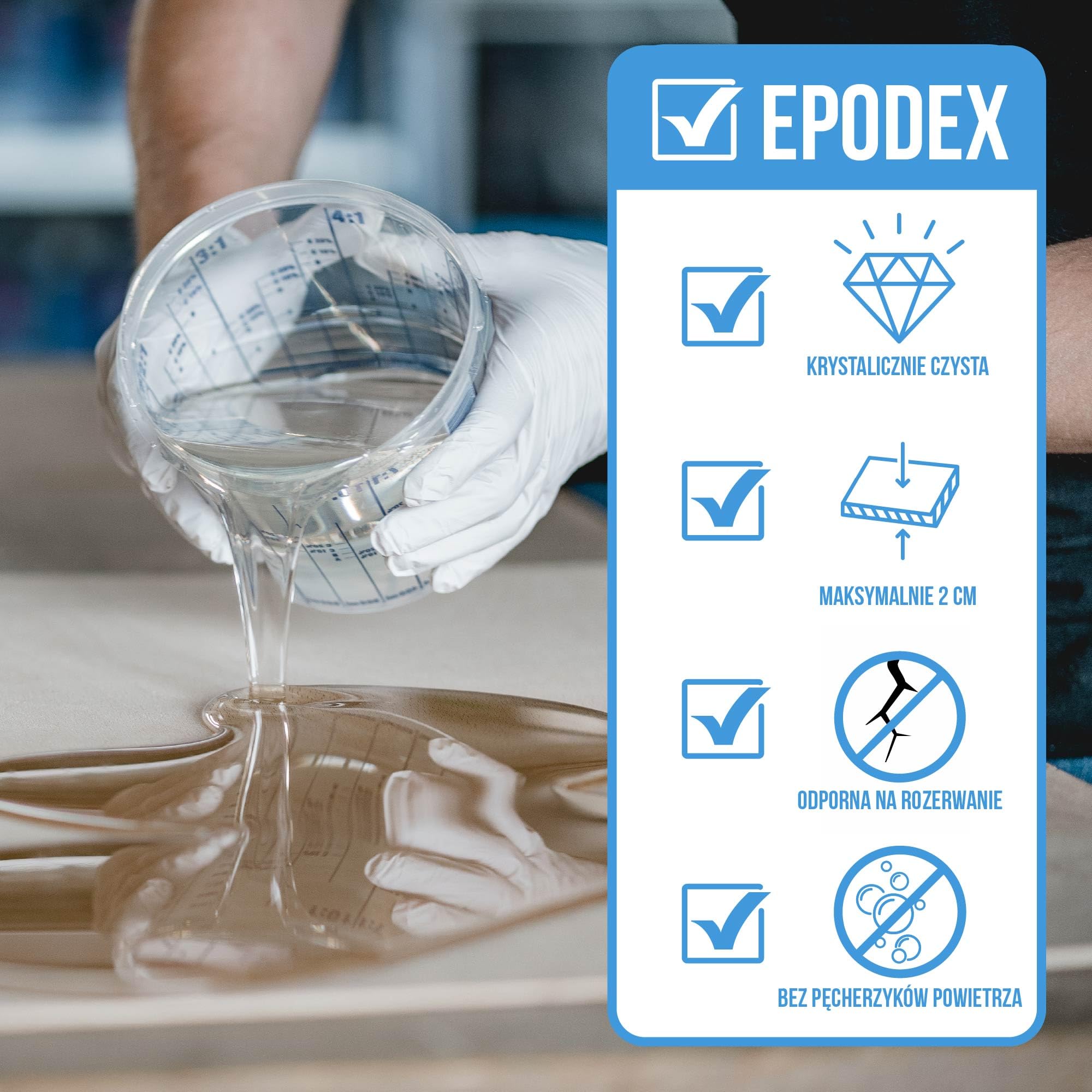 EPODEX Żywica epoksydowa PRO, do 2 cm - CLEAR - Transparent, 1,5kg | Krystalicznie przezroczysta żywica epoksydowa, zestaw do odlewania, sztuka żywiczna, doming, biżuteria, formy i odlewy