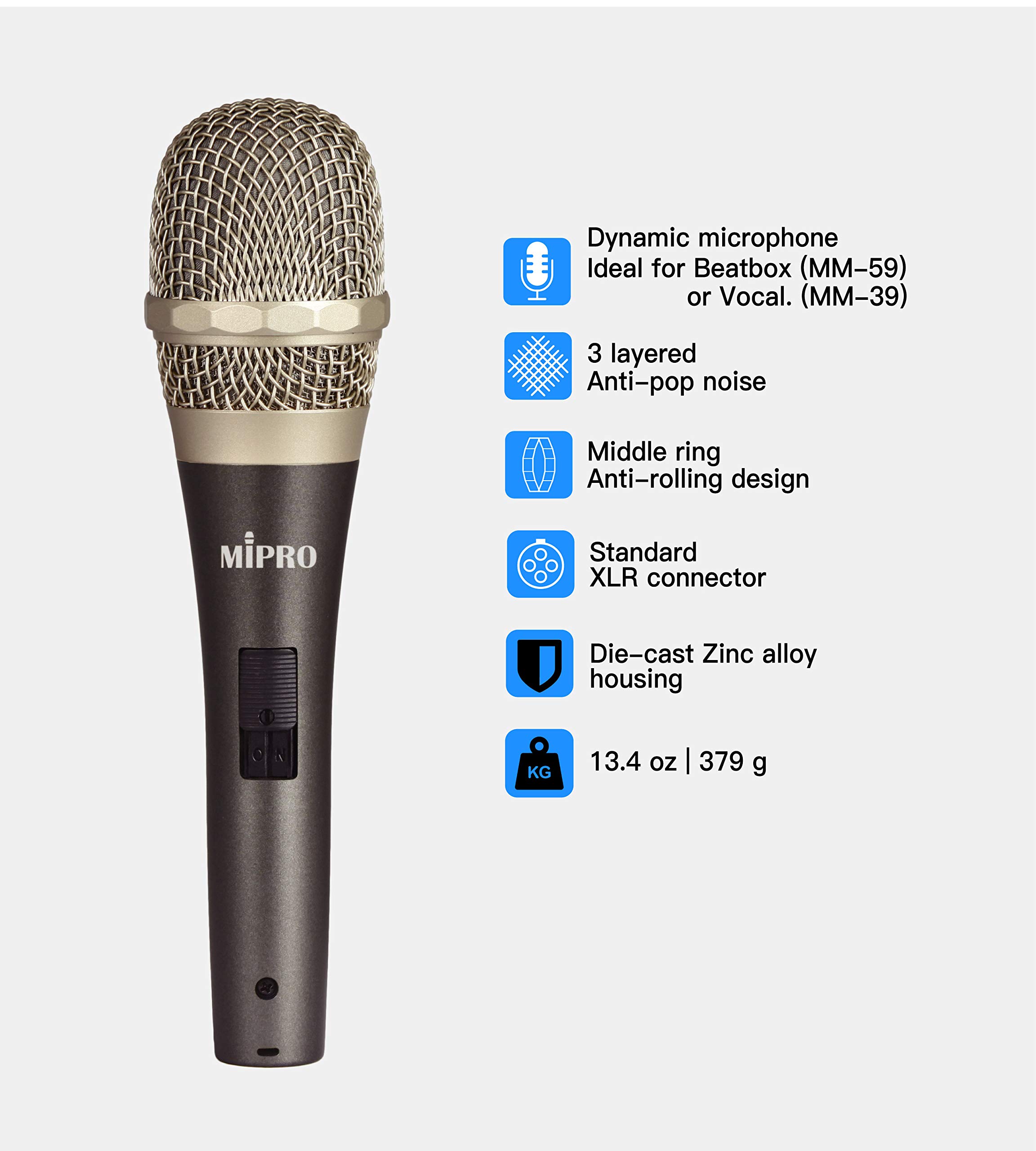 Mipro mm-39 Supercardioid dinamico microfono per voce, specialmente per voce, palcoscenico, chiesa, matrimonio, Broadcast, studio, sala musica e Koraoke (color ferro grigio argento |)