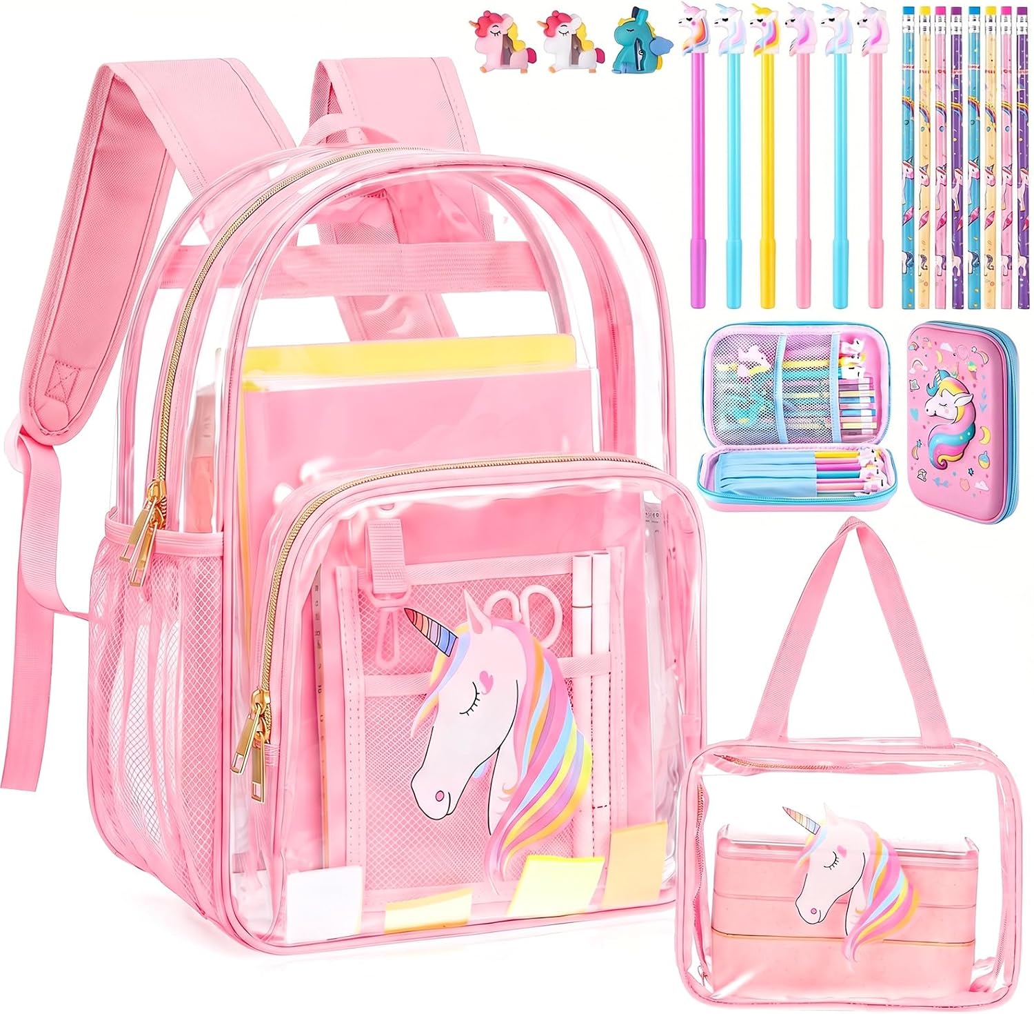20 Pcs Clear Unicorn Backpack Set for Girls, Pink Unicorn School Supplies