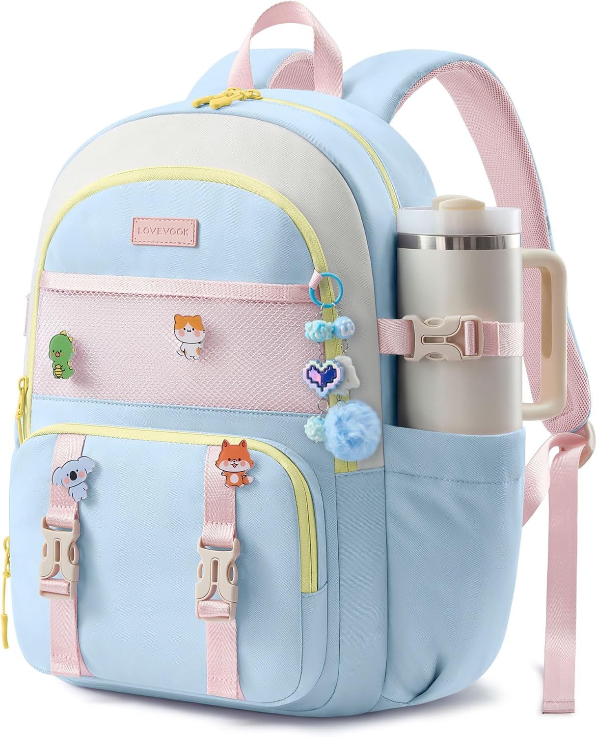 LOVEVOOK Cute School Backpack for Girls Ages 8-14, Lightweight Bookbag with Cartoon Charms & Pins, Back to School Backpack for Elementary & Middle School, Fits 15.6 Inch Laptop and 40oz Tumbler