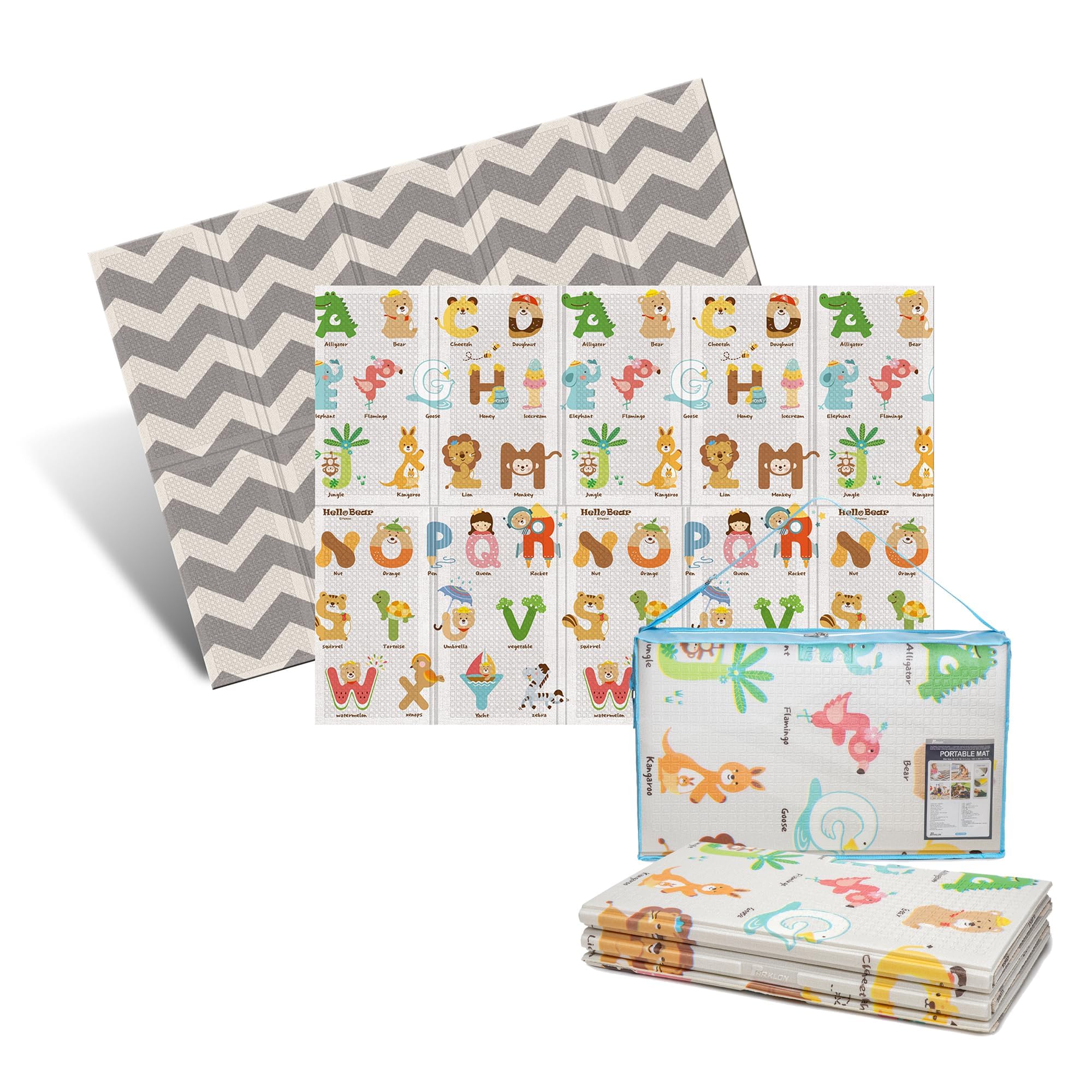 Baby Foldable Play Mat for Baby - Hello Bear ABC Design Floor Mats design - Perfect Tummy Time Mat & Nursery Rug - Portable Playroom Rug, Double-Sided, Waterproof, Made in Korea - Large 79" x 55"
