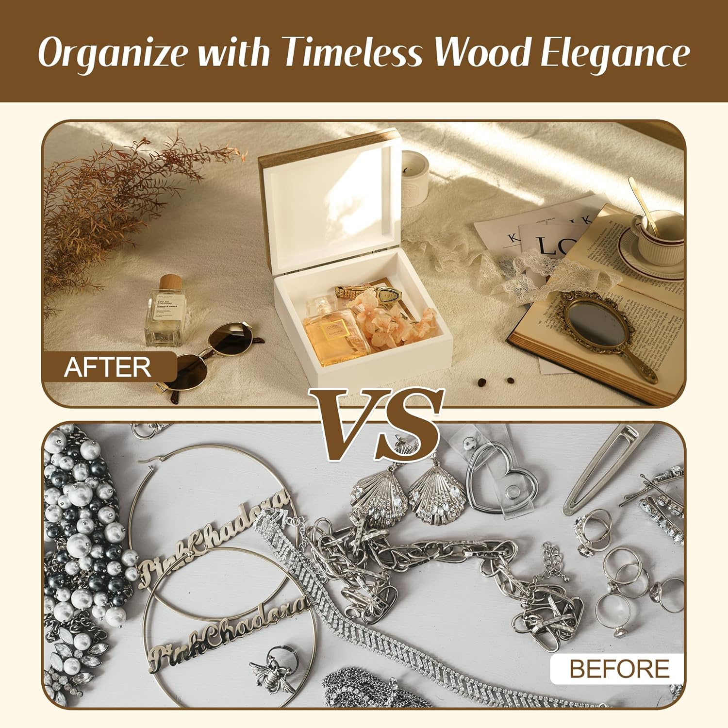 Wooden Keepsake Box - Decorative Floral Wood Boxes with Hinged Lid, Flower Engraved Design, 7.09" W