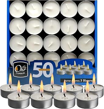 Ohr Tea Light Candles - 50 Bulk Pack - White Unscented Travel, Centerpiece, Decorative Candle - 3 Hour Burn Time