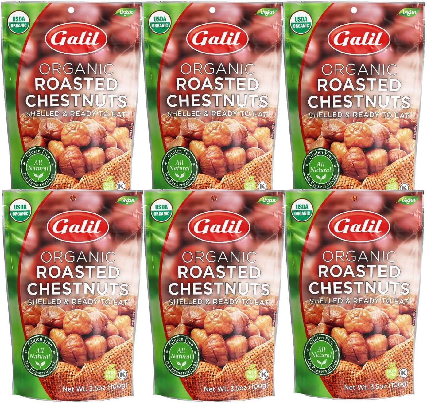 Galil Organic Roasted Chestnuts, Pack of 6, 3.5 oz Bags, Shelled Chestnut, Chestnuts Roasted Peeled