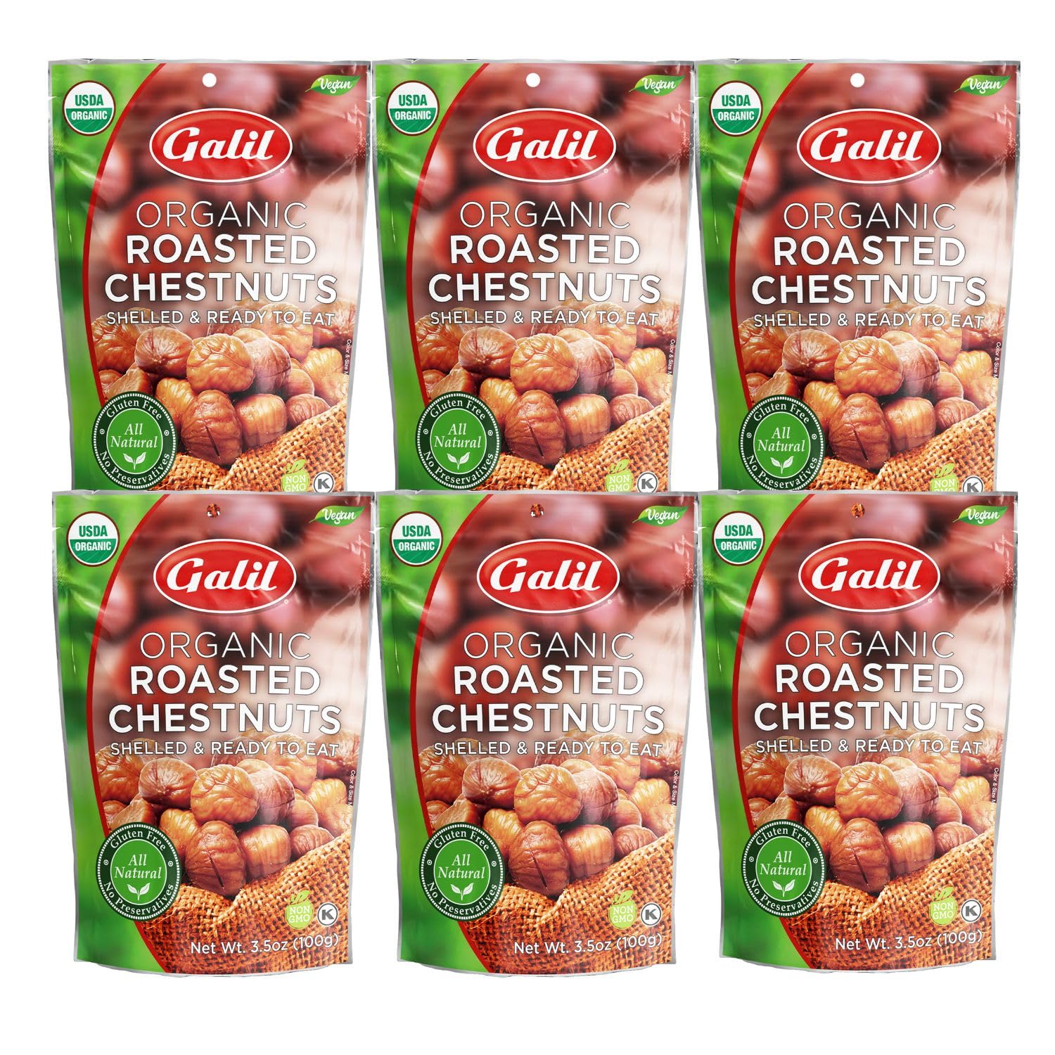 Galil Organic Roasted Chestnuts, Pack of 6, 3.5 oz Bags, Shelled Chestnut, Chestnuts Roasted Peeled