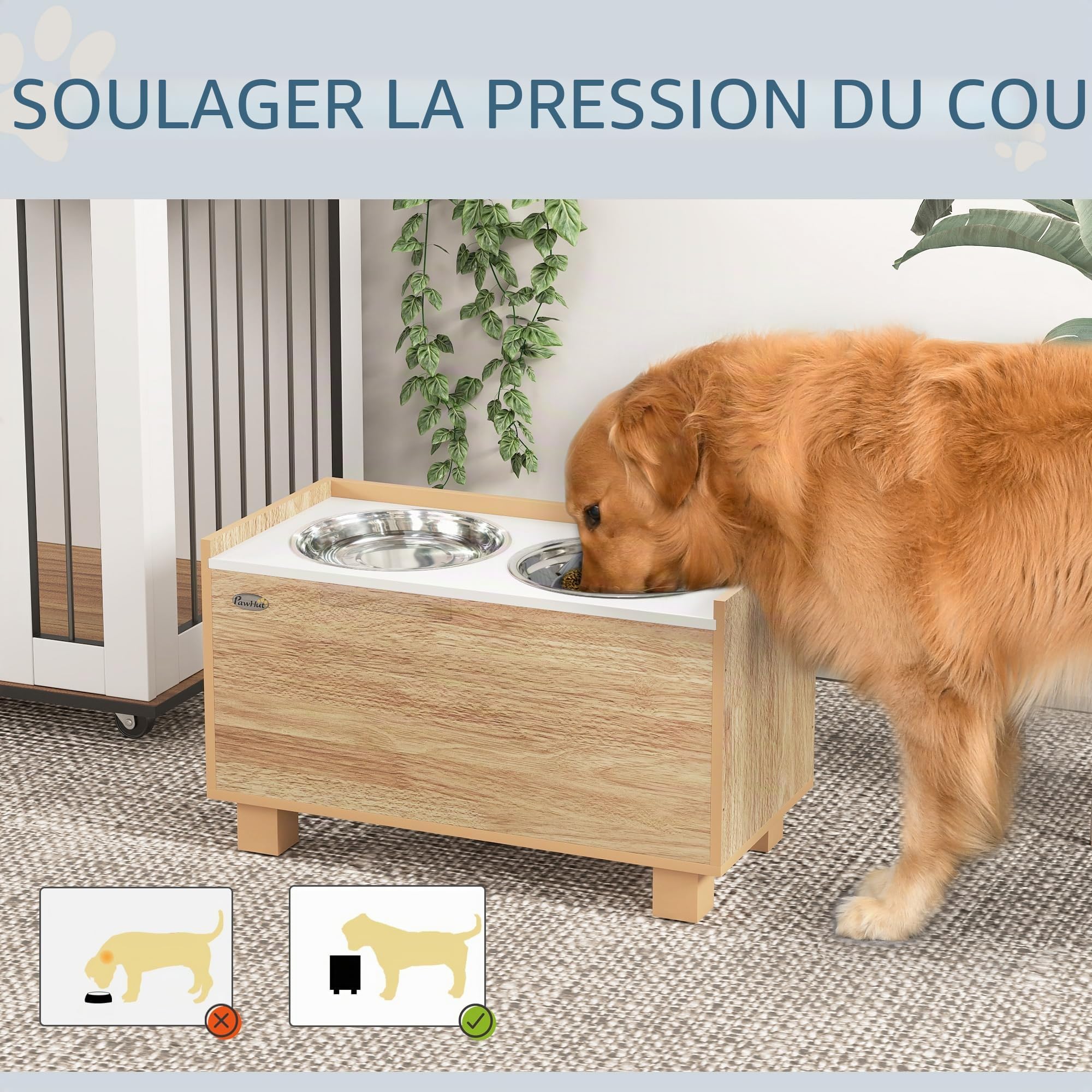 PawHut 14" H Support surélevé gamelles Chien Grands Animaux Chêne | Station d'alimentation, bol anti-glouton amovible, 2 gamelles inox pour nourriture et eau, rangement