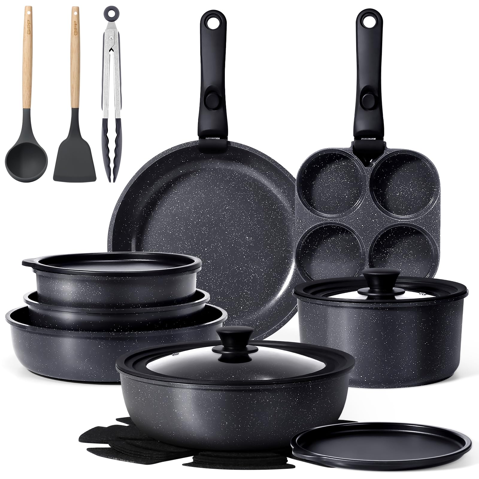 GiPP Saucepan Set with Removable Handle, 21 Piece Frying Pan Set with Ceramic Non-Stick Coating, Induction Saucepans, Oven Resistant, Suitable for All Types of Cookers