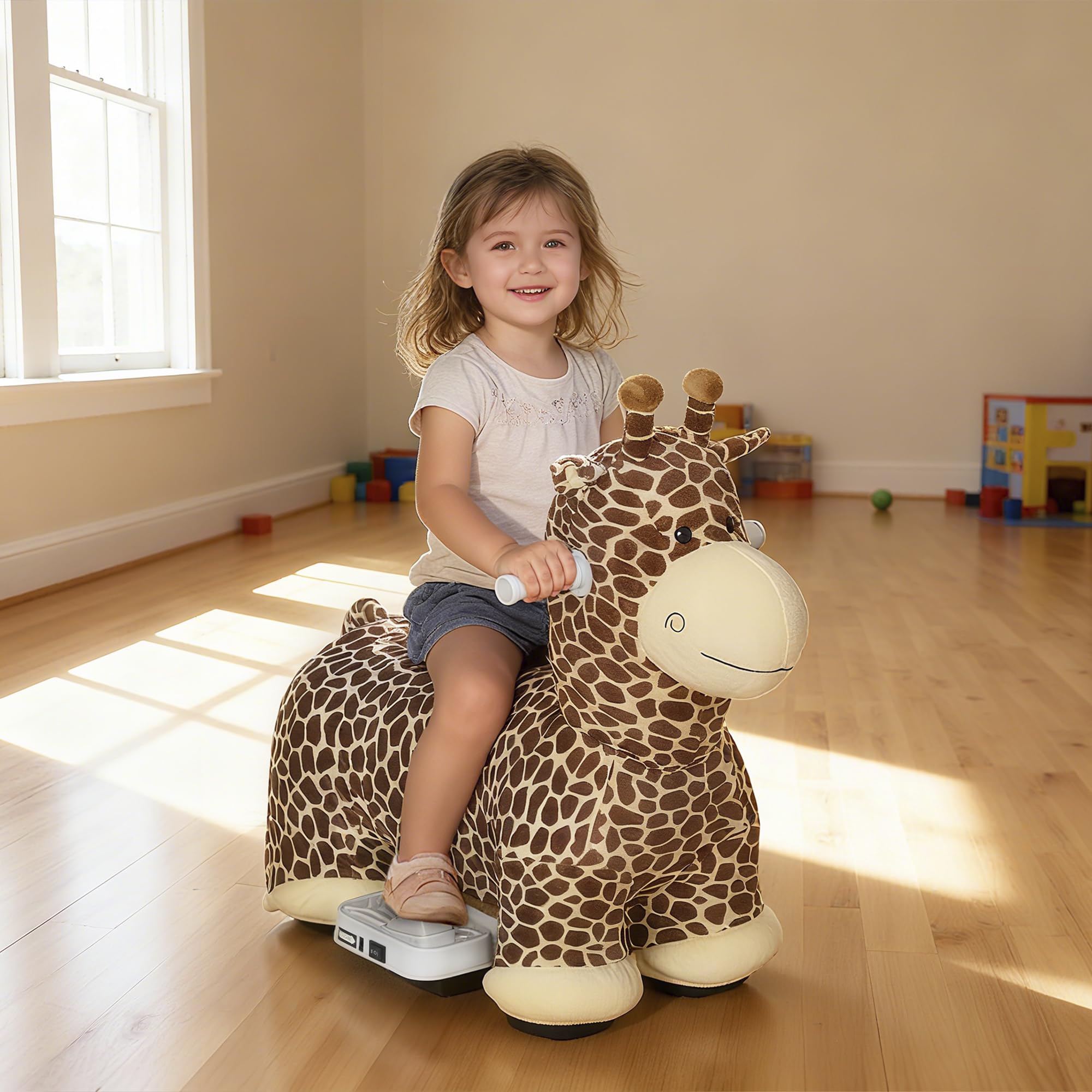 AIYAPLAY Kinder Elektroauto in Giraffenform 6V für 1,5-5 Jahre Braun | Batteriebetriebenes Kinderfahrzeug, Mit Musik, Fußpedal, Waschbar Plüschbezug, Leise Räder, 1,8-3 km/h, Elektrisches Pferd