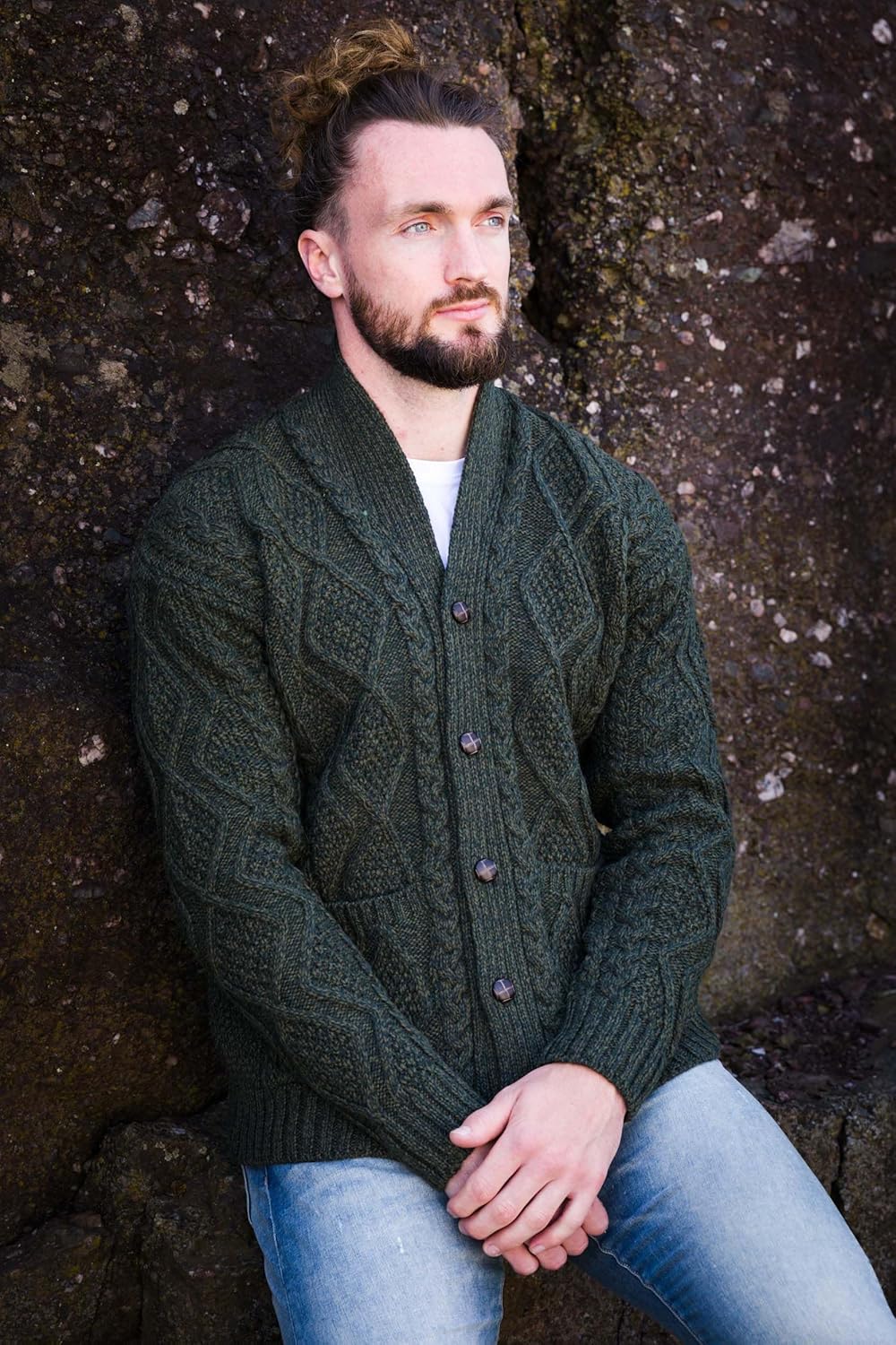 Men's Cardigan Wool Knit Shawl Collar Casual Sweater with Buttons (XX-Large, Army Green) - Image 2