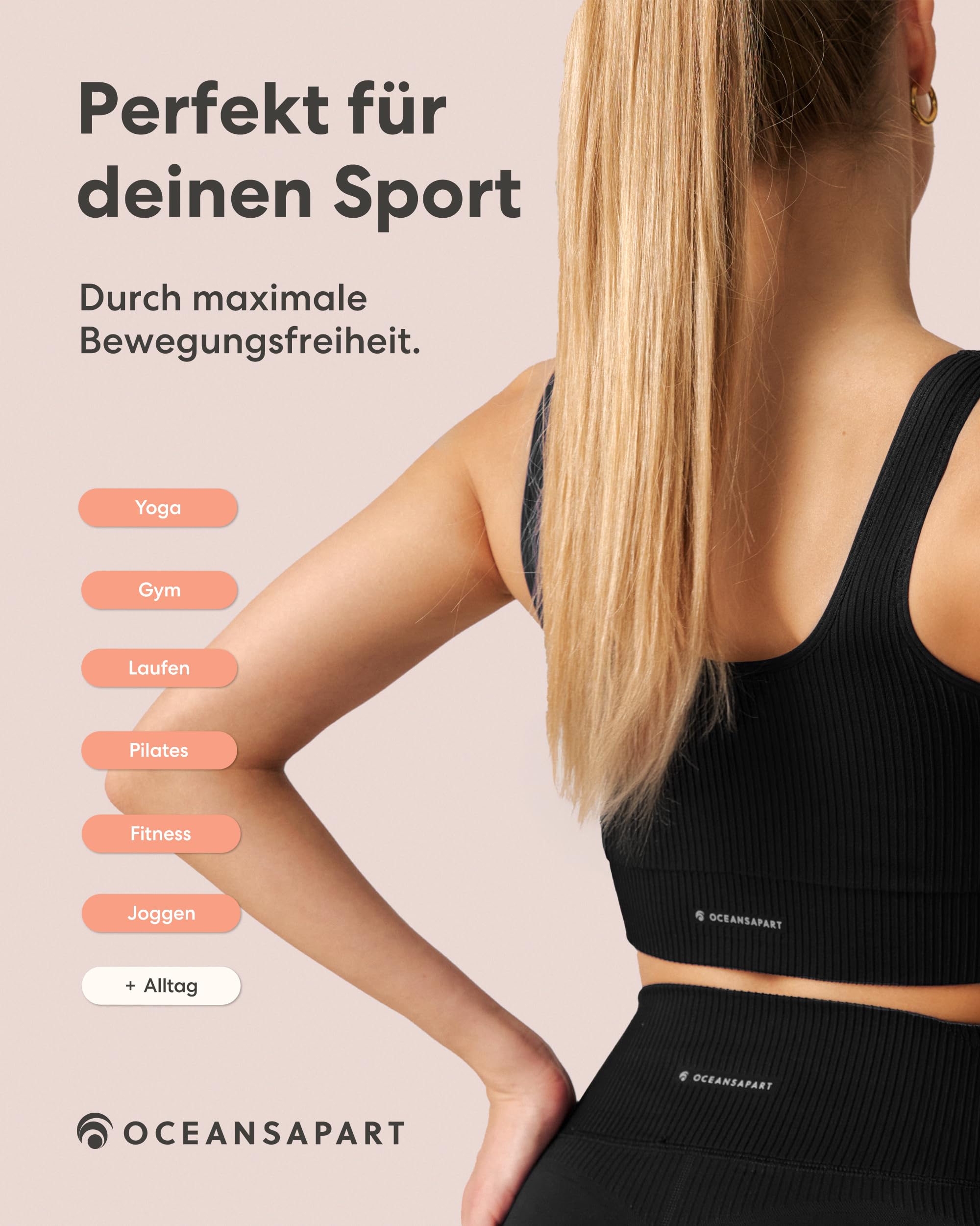 OCEANSAPART Sydney Bra - Sport BH Damen Bustier Nahtlos Bralette | Geripptes Design & Quadrat-Ausschnitt – Herausnehmbare Cups – Schnelltrocknend ohne Bügel für Yoga