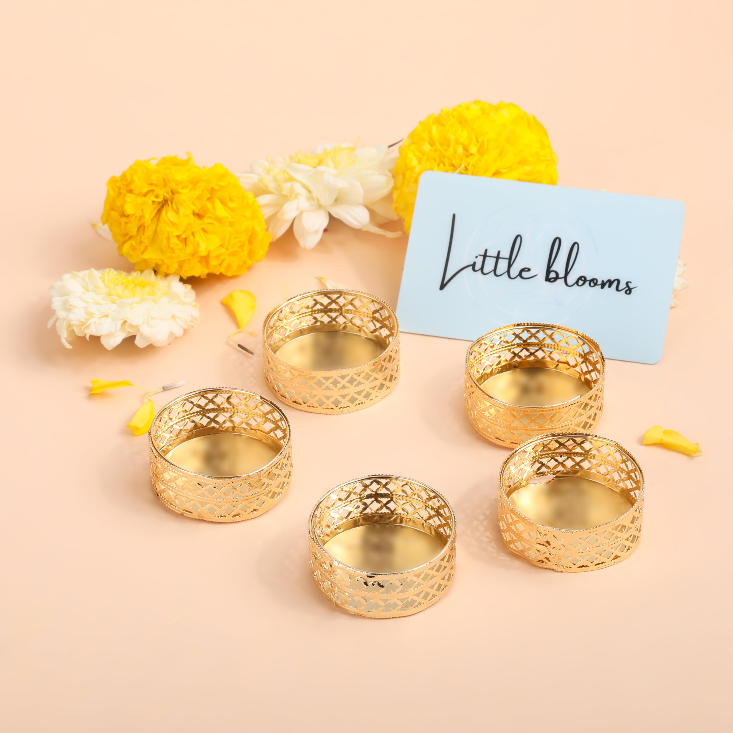 Little Blooms® Gold Plated Tealight Candle Holder - Jali Design Diya Holder for Home Decoration - Perfect Tea Light Candle Holder - T Light Candle Holder for Festivals and Occasions (12, Golden)-image-42