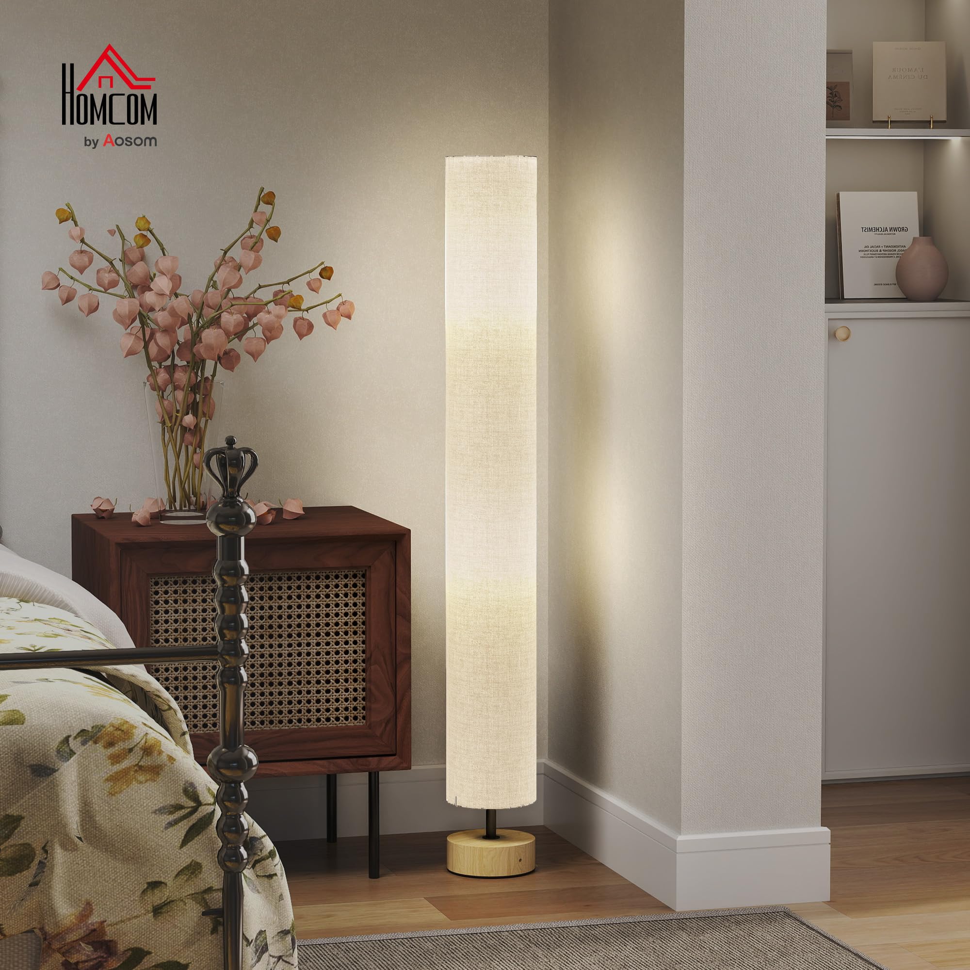 HOMCOM Stehlampe Wohnzimmer, Schlafzimmer, Büro, 120 cm, grau: Lampenschirm aus zeitgenössischem Leinen mit Fußschalter, 2 x Fassung E27