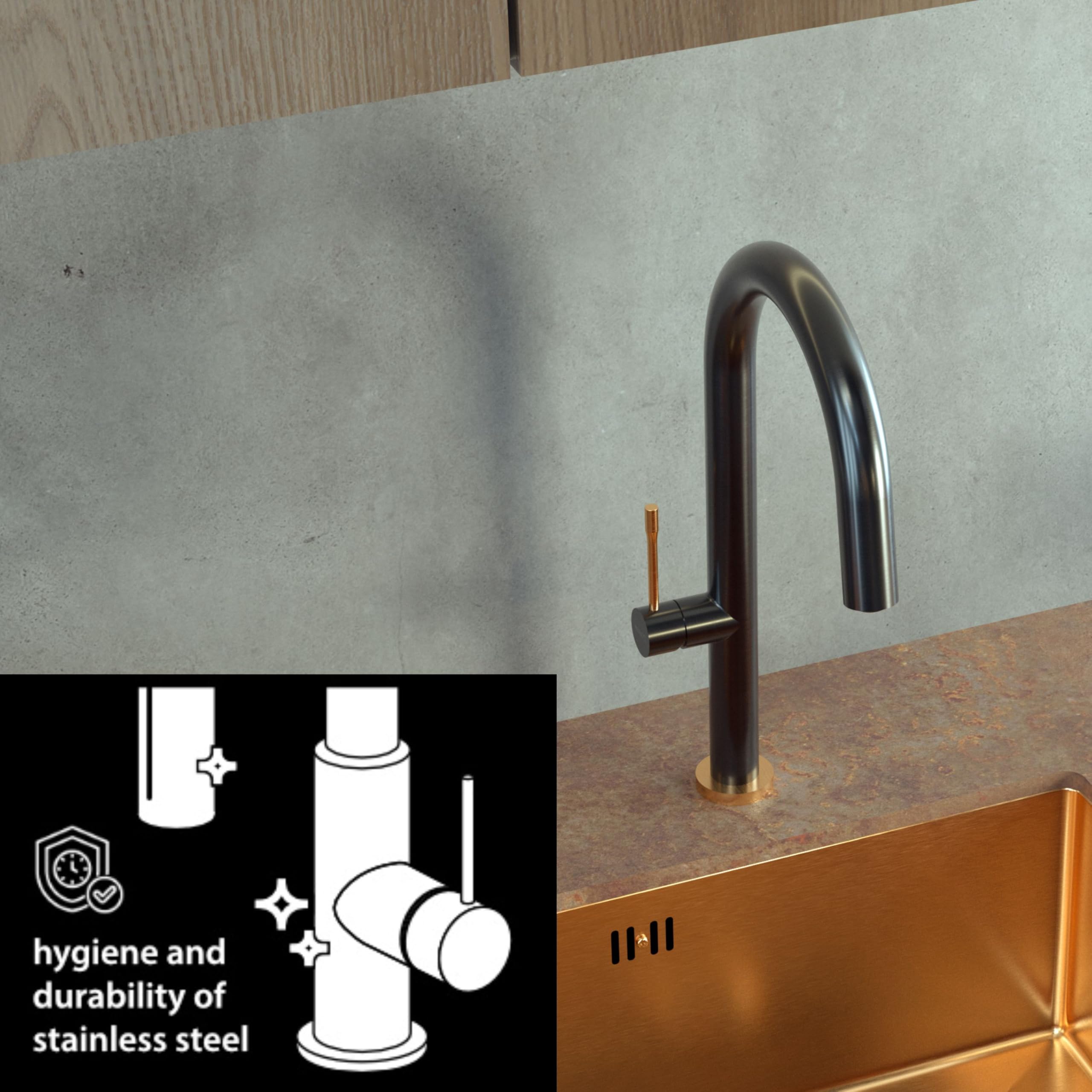 QUADRON HALEY T LINE SteelQ, grifo mezclador de cocina de acero inoxidable, grifo mezclador de cocina 360°, función QFix, color: grafito, altura: 40 cm, cabezal: cerámica, acabado PVD grafito
