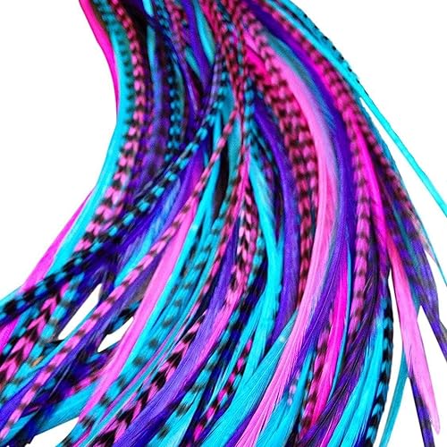 Extensiones de pelo con plumas 100 reales de gallo largas color rosa morado y azul 20 plumas con cuentas de regalo y kit de herramientas de rizado