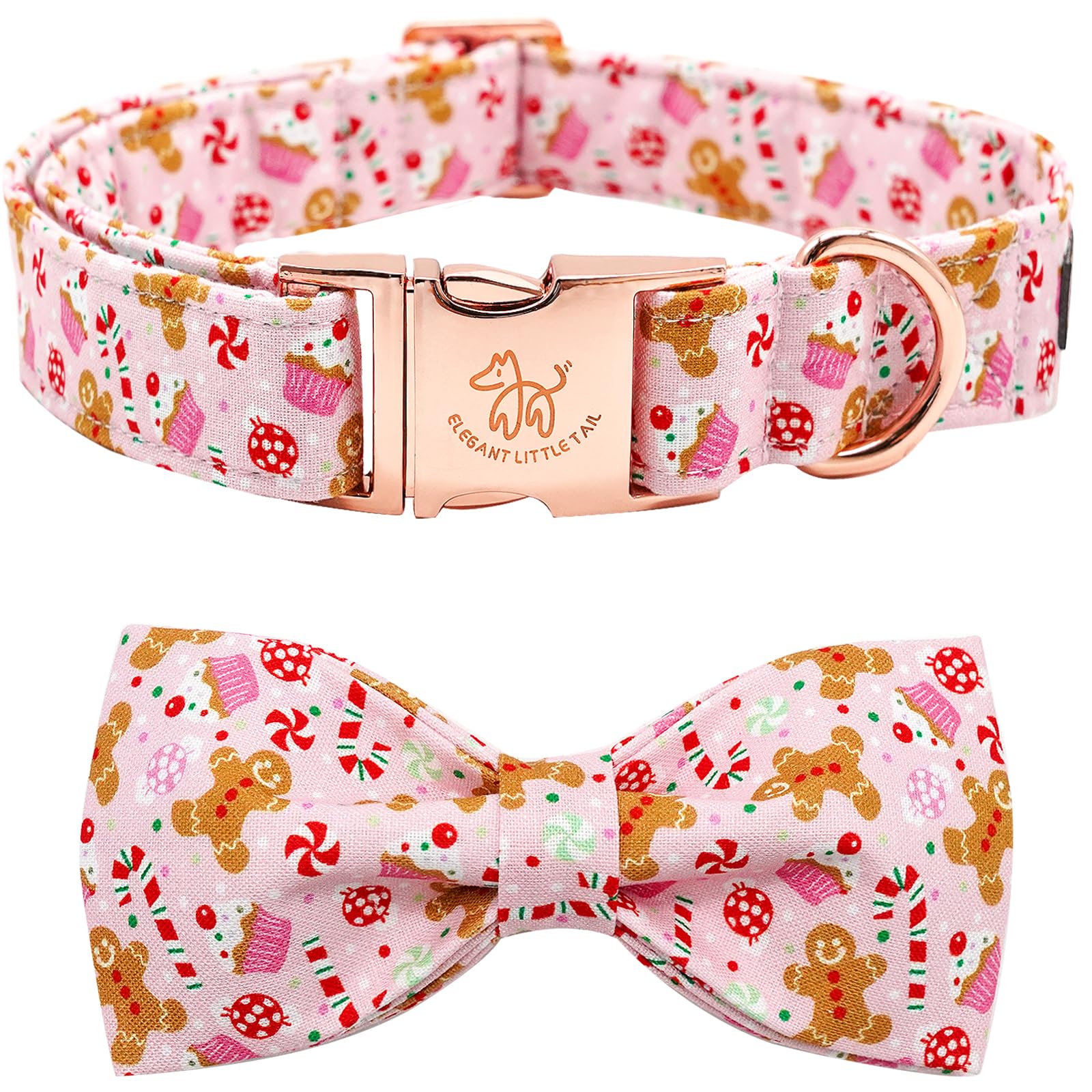 Elegant little tail Dog Collar with Bow - Pink Christmas Gingerbread Man Pet Collars Bow Boy Girl Bowtie Pet Adjustable Dog Collar for Small Medium Large Dogs