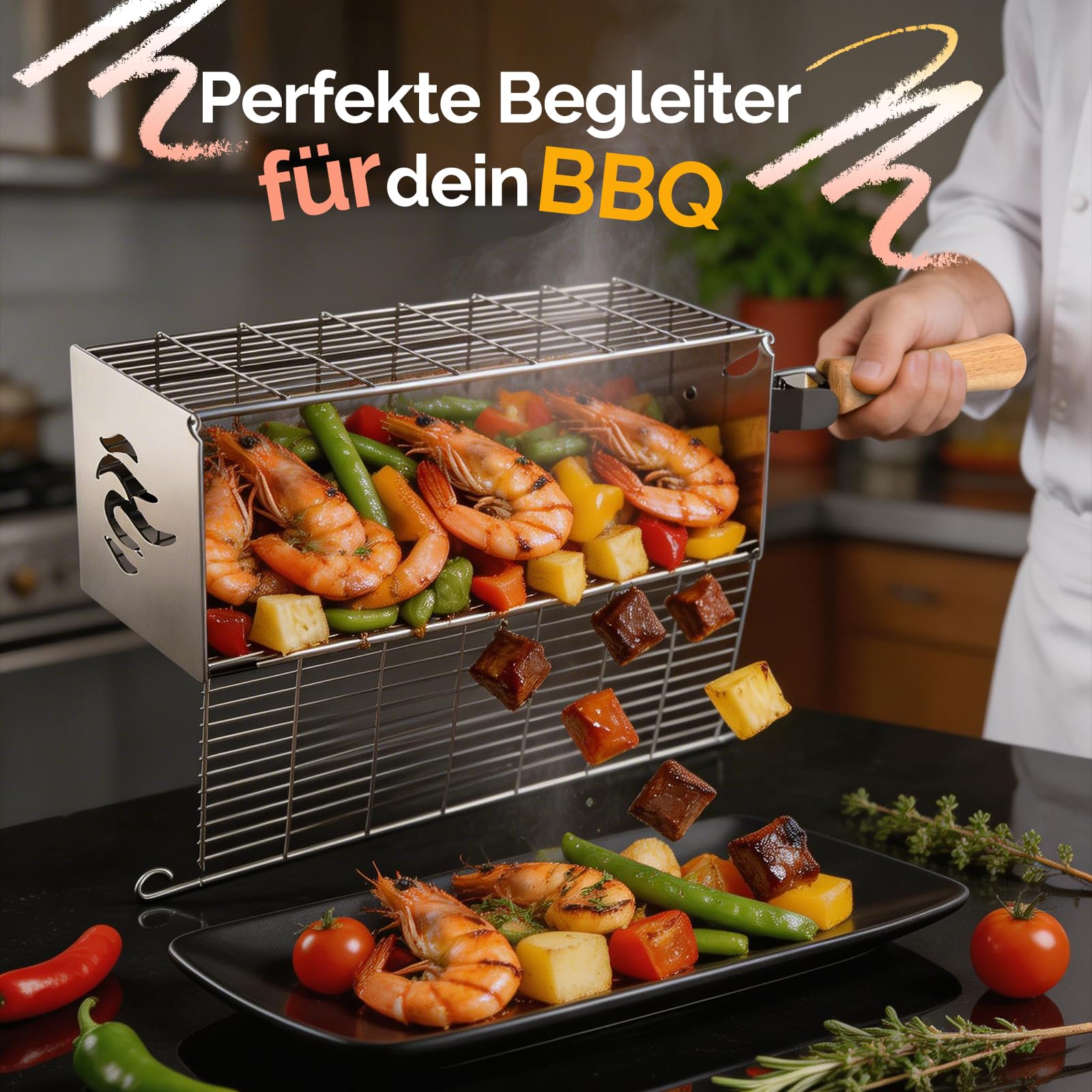 2er Set Grillkorb Quadratisch, Abnehmbarer Holzgriff, Grillkorb Edelstahl 304, Großes Volumen, Outdoor Grill, BBQ Zubehör für Gemüse, Fleisch, Gasgrill, Camping, Garten | Geschenk für Männer, Papa