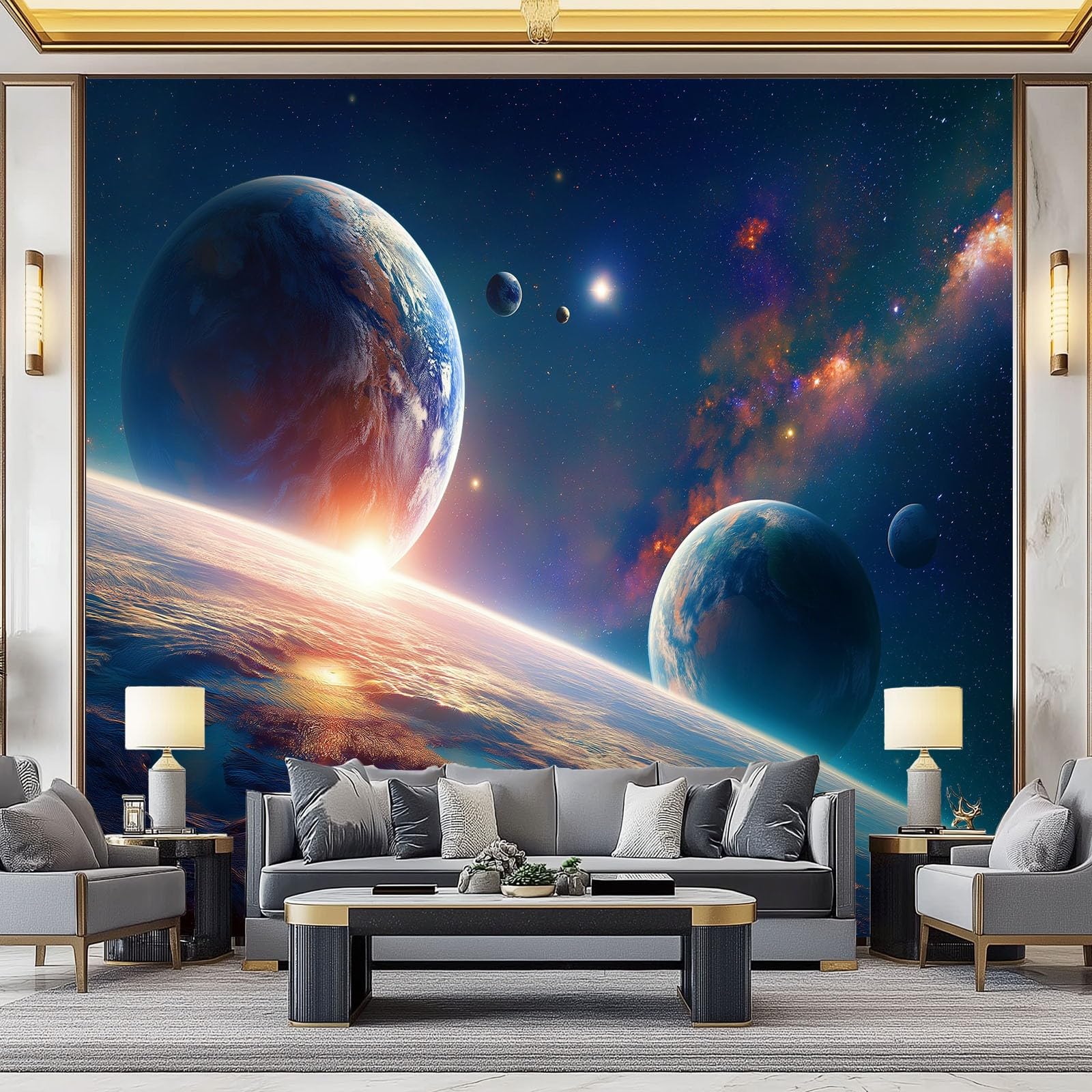 Tapeta fantastyka naukowa wszechświat, tapeta panoramiczna kosmos planeta 200 x 140 cm 3D fresk z włókniny wielokolorowy gigantyczny plakat ścienny do salonu pokój dziecięcy restauracja dekoracja