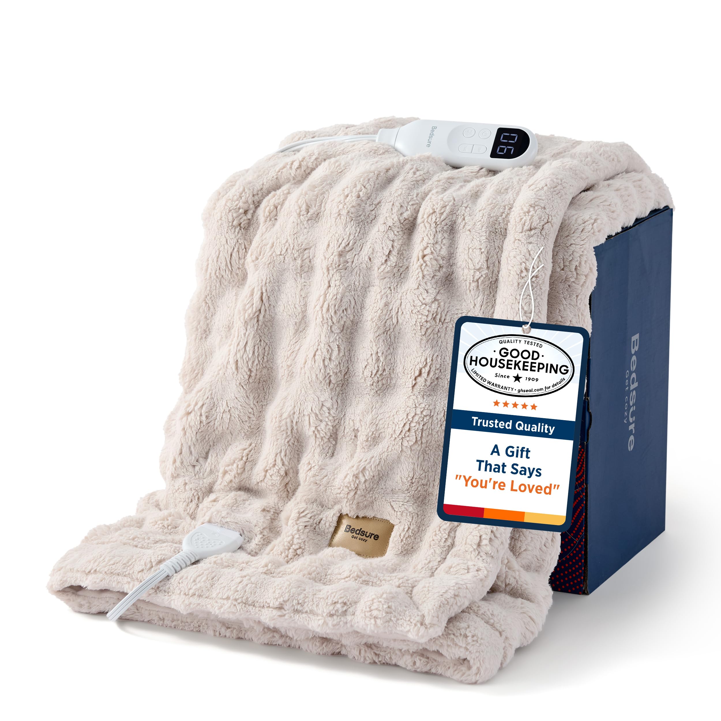 Bedsure Cloud Bubble Beige Heated Blanket Throw, Soft Cozy Electric Blanket