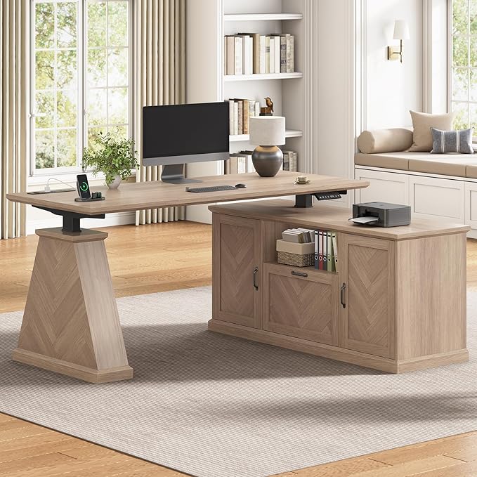 Farmhouse L Shaped Electric Standing Desk with Power Outlet