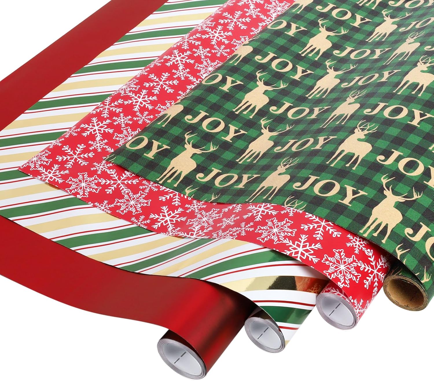 BIOBROWN Christmas Wrapping Paper Roll Set - 17" x10' Per Roll (4 Rolls, 56.6 sq.ft. ttl.) - Joy Reindeer on Green Plaid Design Wrapping Paper with Ribbons and Tags for Party Xmas