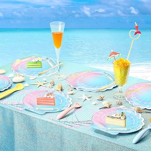 Miniatura 5 de Cunhill 96 platos y servilletas de sirena para fiesta, platos de concha de mar de 7 pulgadas y 9 pulgadas, platos de fiesta de sirena y servilletas