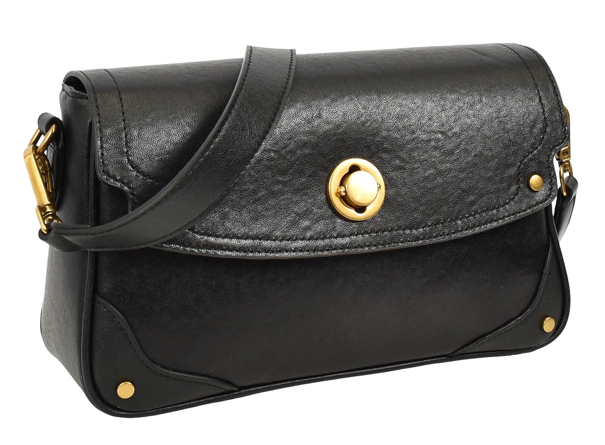 Bolso cruzado de cuero con solapa para mujer, bolso de hombro con cierre giratorio con herrajes dorados, tachuelas en las esquinas, bolsillo trasero con cremallera y forro beige |