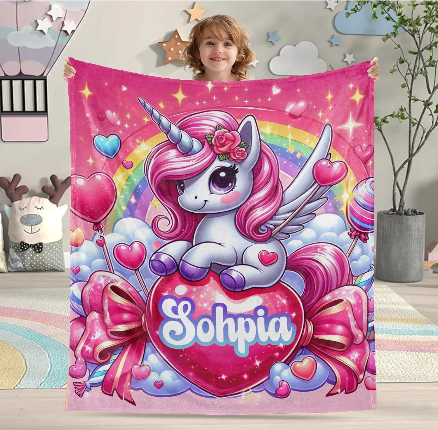 Personalized Unicorn Blanket with Name Custom Cute Pink Unicorn Throw Blanket for for Girls Boys Newborn New Mom