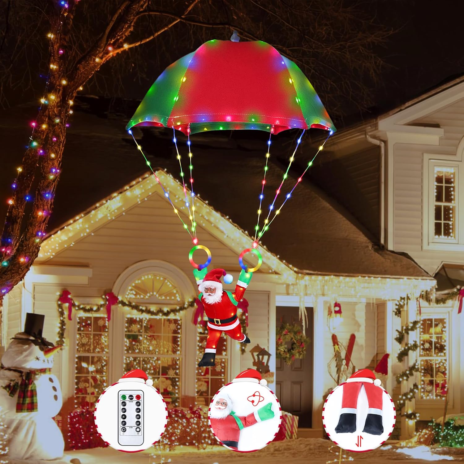 Toodour LED Christmas Lights, 2.8ft x 1.8ft Foldable Parachute Lights with Santa Claus, 8 Mode, Remote, Waterproof Battery Powered Multicolor Holiday Decorative Light for Indoor Outdoor Xmas Decor